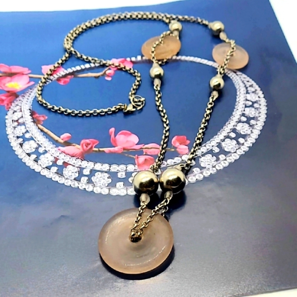 Vintage Retro Pink Frosted Glass Disc Long Pendant Silver Necklace